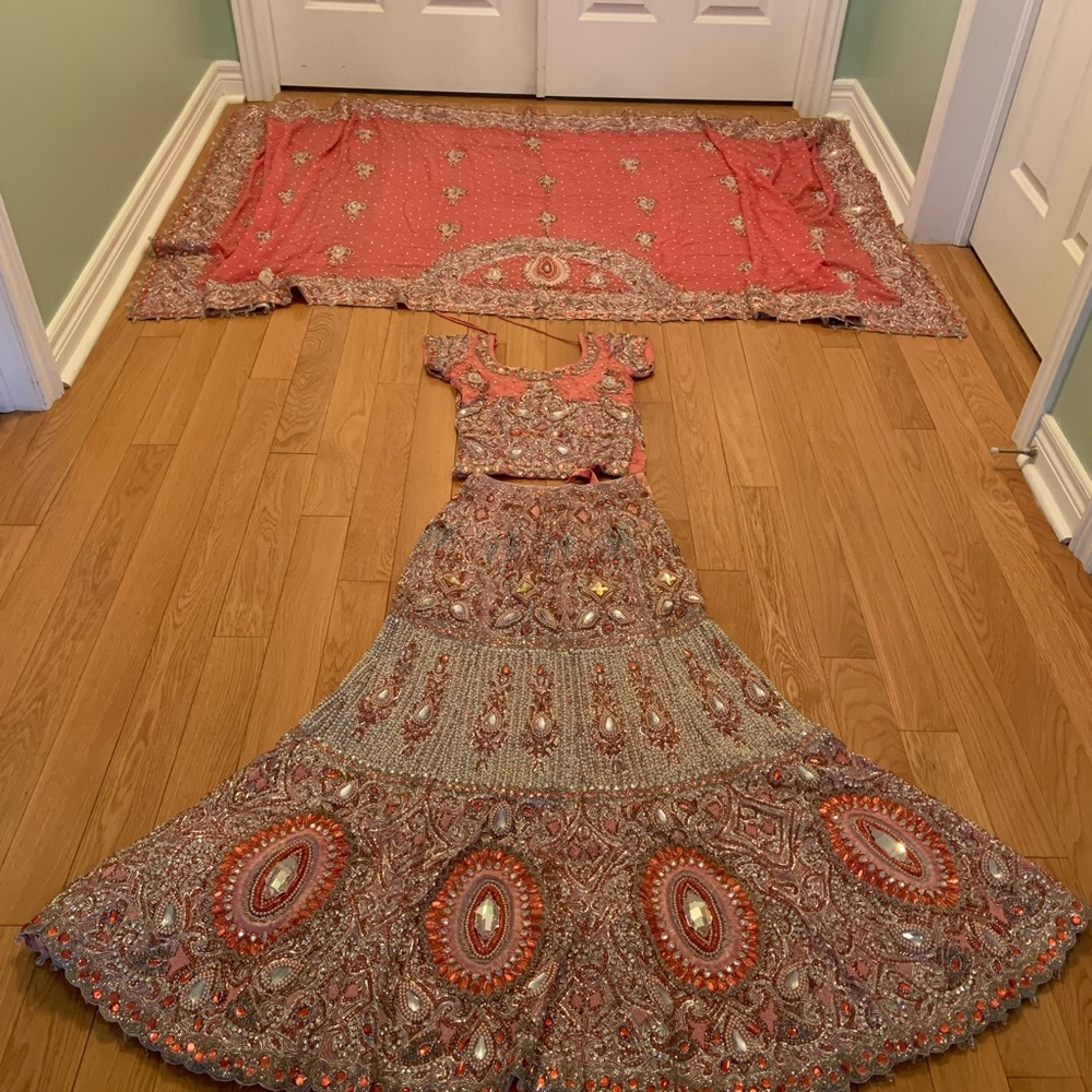 Coralish pink bridal lengha